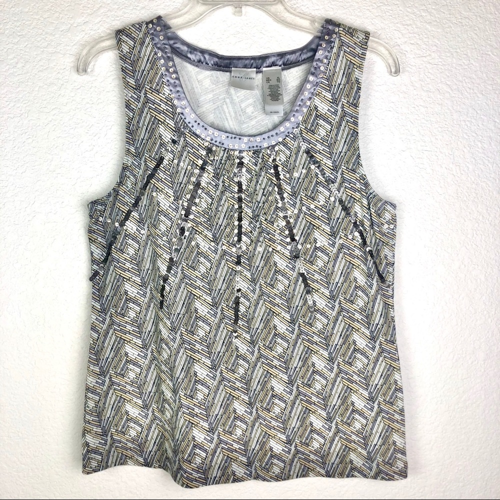 NWOT Emma James Sequin Detail Gray Gold White Top